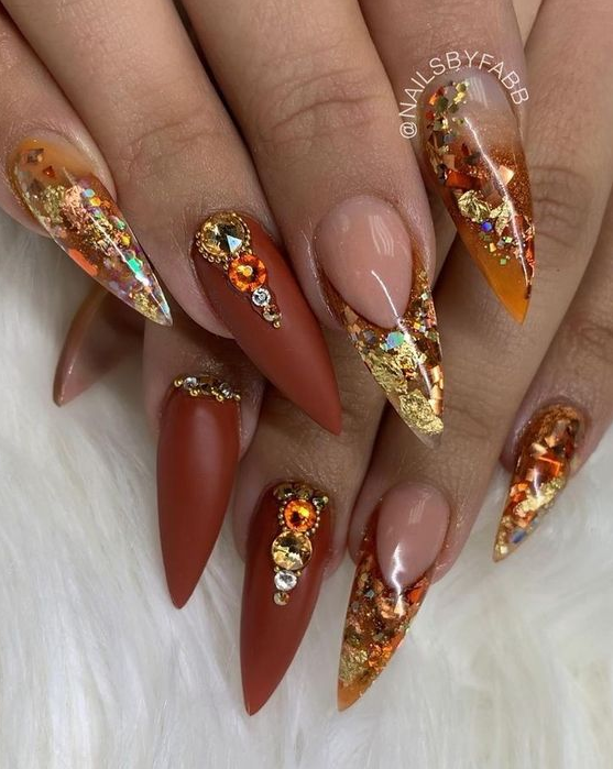 Fall Nails with Leaves - Fall bling nails with leaves