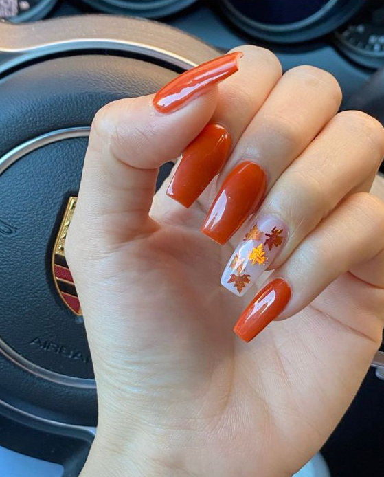 Fall Nails with Leaves - Fall nails orange with leaves